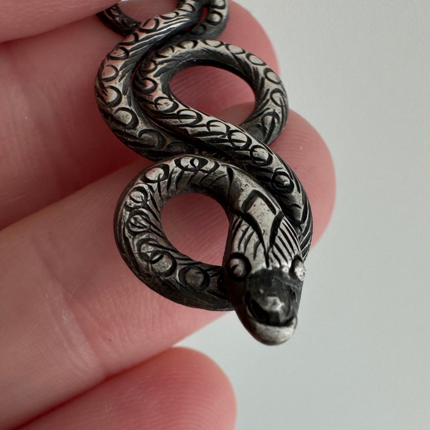 V I N T A G E // looping snake / sterling silver stamped and engraved snake / a pendant