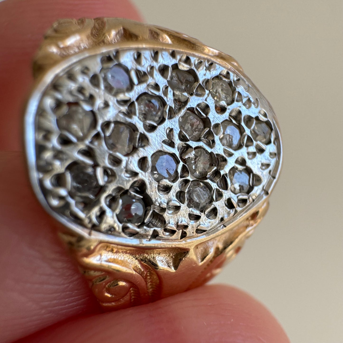 V I N T A G E // starry night / 14k and diamond Edwardian style diamond cluster signet / size 7.25