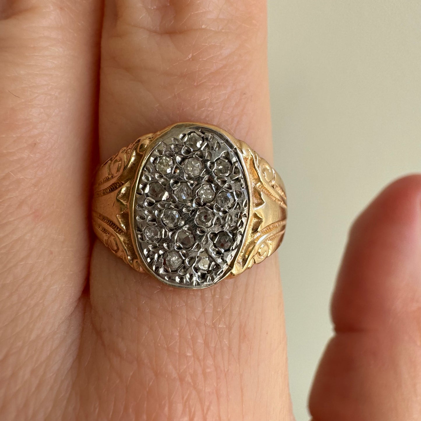 V I N T A G E // starry night / 14k and diamond Edwardian style diamond cluster signet / size 7.25