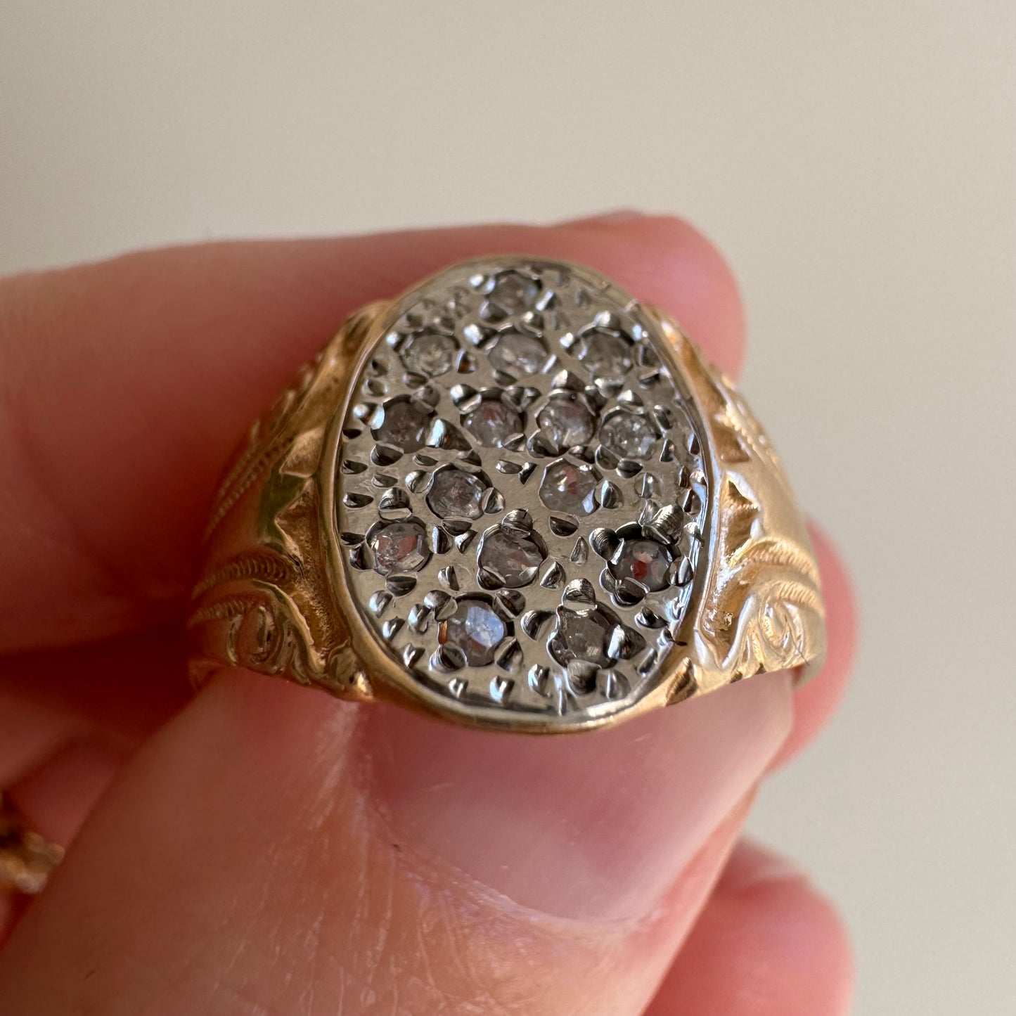 V I N T A G E // starry night / 14k and diamond Edwardian style diamond cluster signet / size 7.25