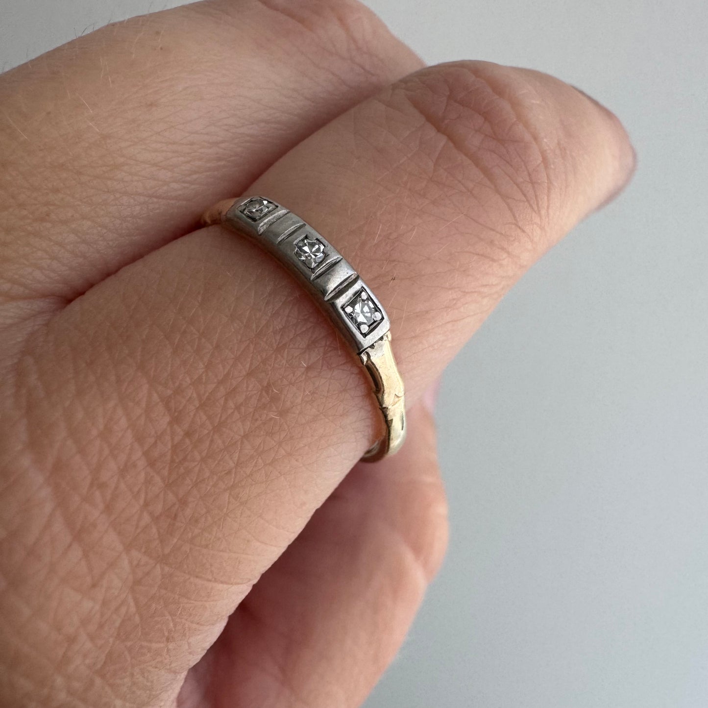 A N T I Q U E // melee magic / 14k yellow and white gold art deco trilogy diamond band / size 9