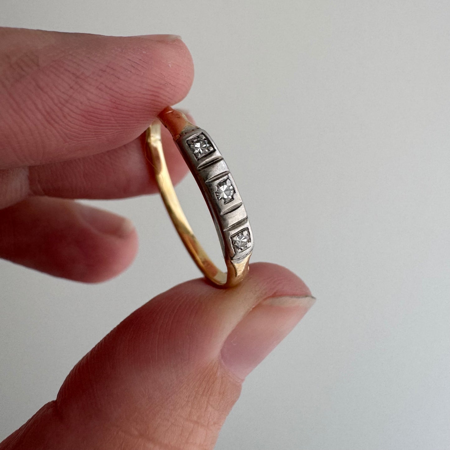 A N T I Q U E // melee magic / 14k yellow and white gold art deco trilogy diamond band / size 9