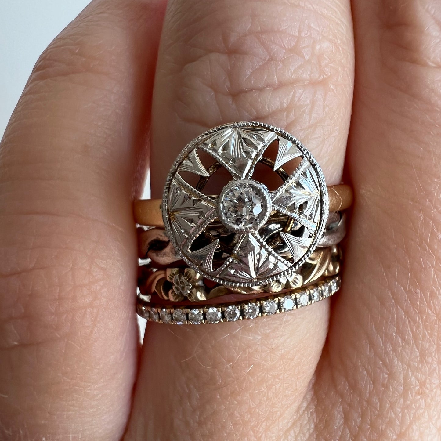 reimagined V I N T A G E // like a button / 14k bicolor edwardian era floral pinwheel filigree and diamond hat pin conversion ring / size 7.25