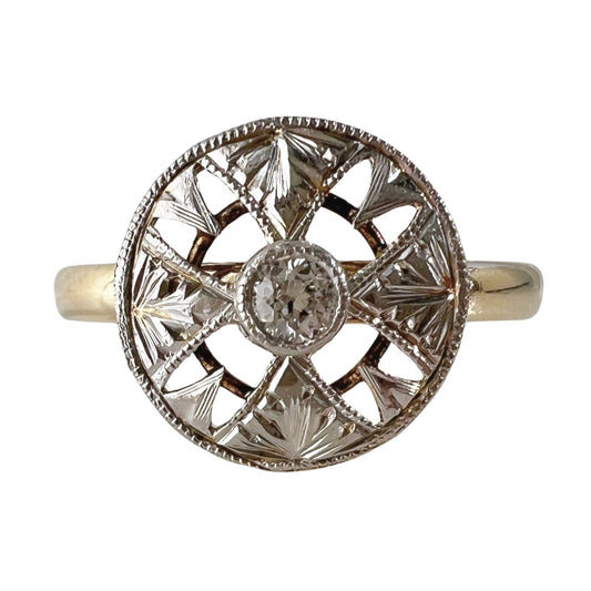reimagined V I N T A G E // like a button / 14k bicolor edwardian era floral pinwheel filigree and diamond hat pin conversion ring / size 7.25