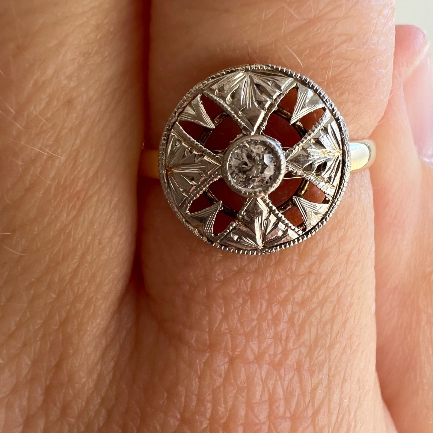 reimagined V I N T A G E // like a button / 14k bicolor edwardian era floral pinwheel filigree and diamond hat pin conversion ring / size 7.25