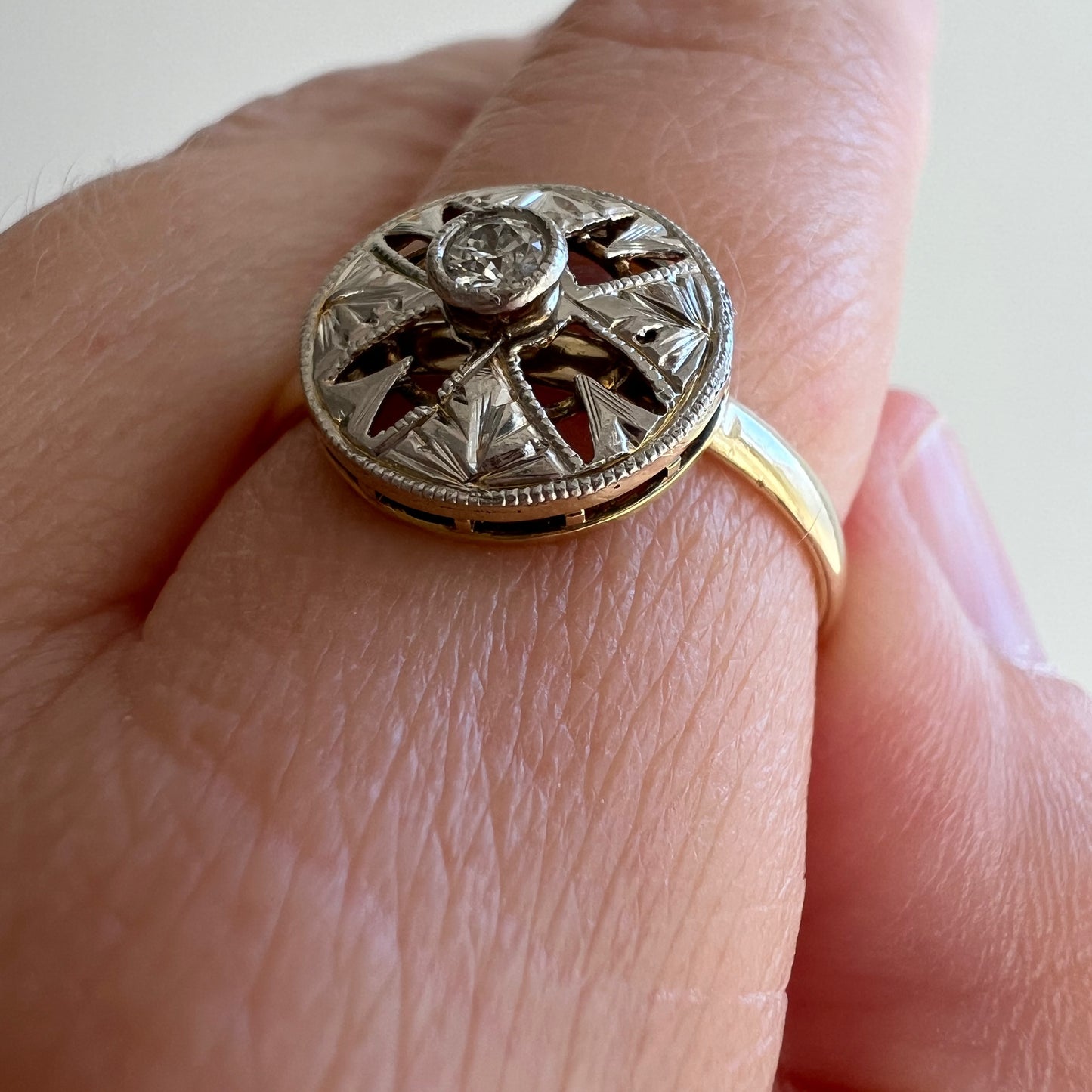 reimagined V I N T A G E // like a button / 14k bicolor edwardian era floral pinwheel filigree and diamond hat pin conversion ring / size 7.25