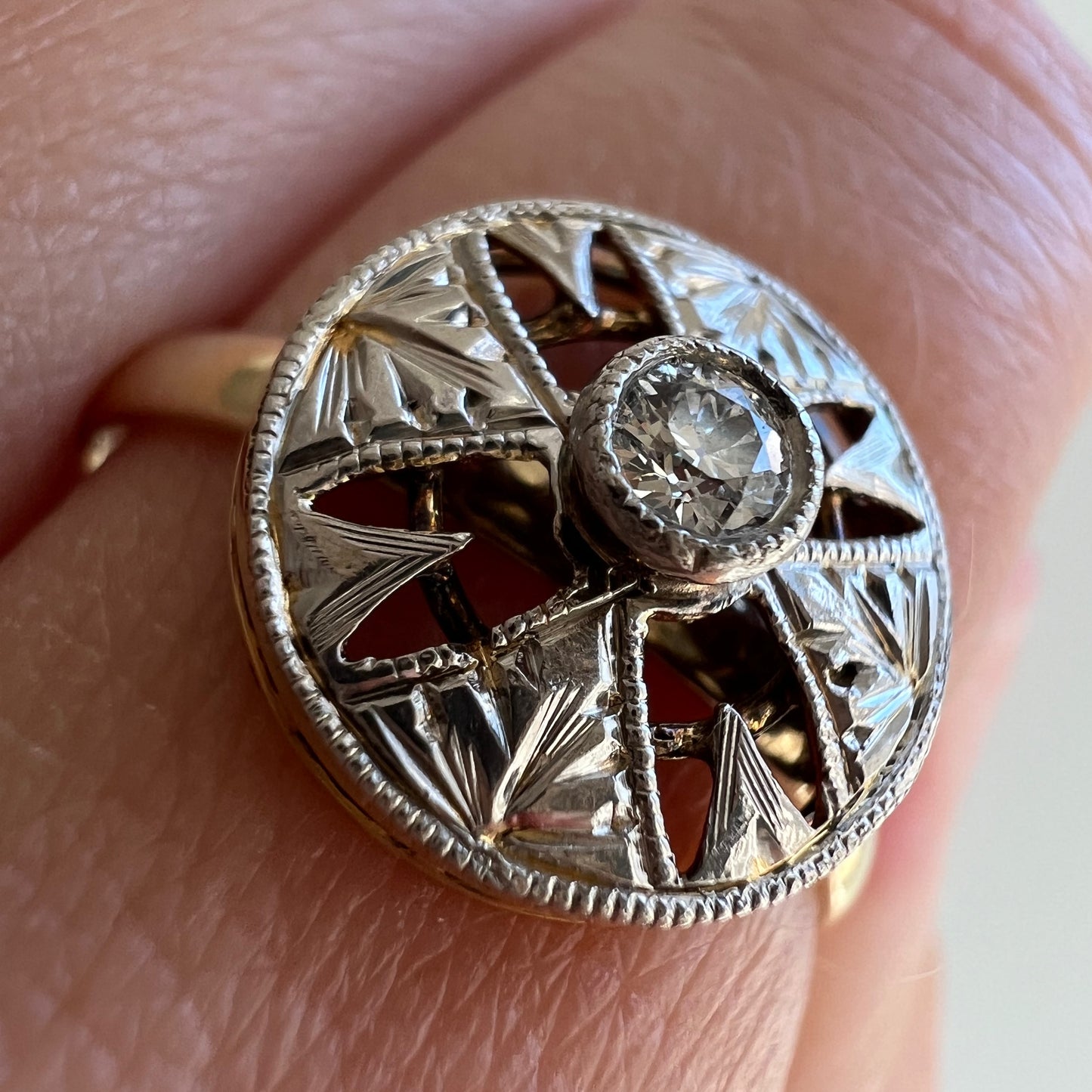 reimagined V I N T A G E // like a button / 14k bicolor edwardian era floral pinwheel filigree and diamond hat pin conversion ring / size 7.25