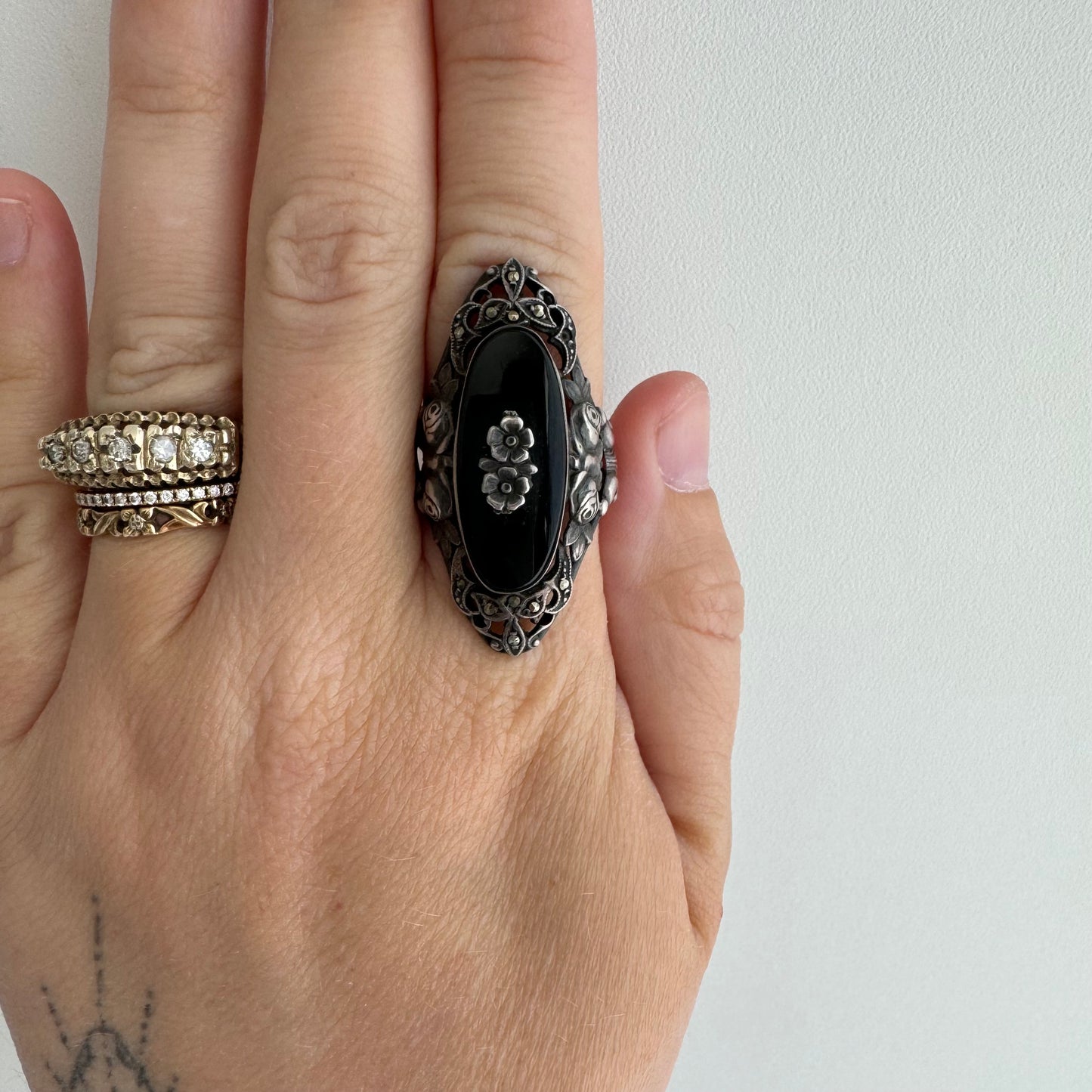 A N T I Q U E // midnight in the garden / sterling silver arts and crafts era statement ring / size 6.5