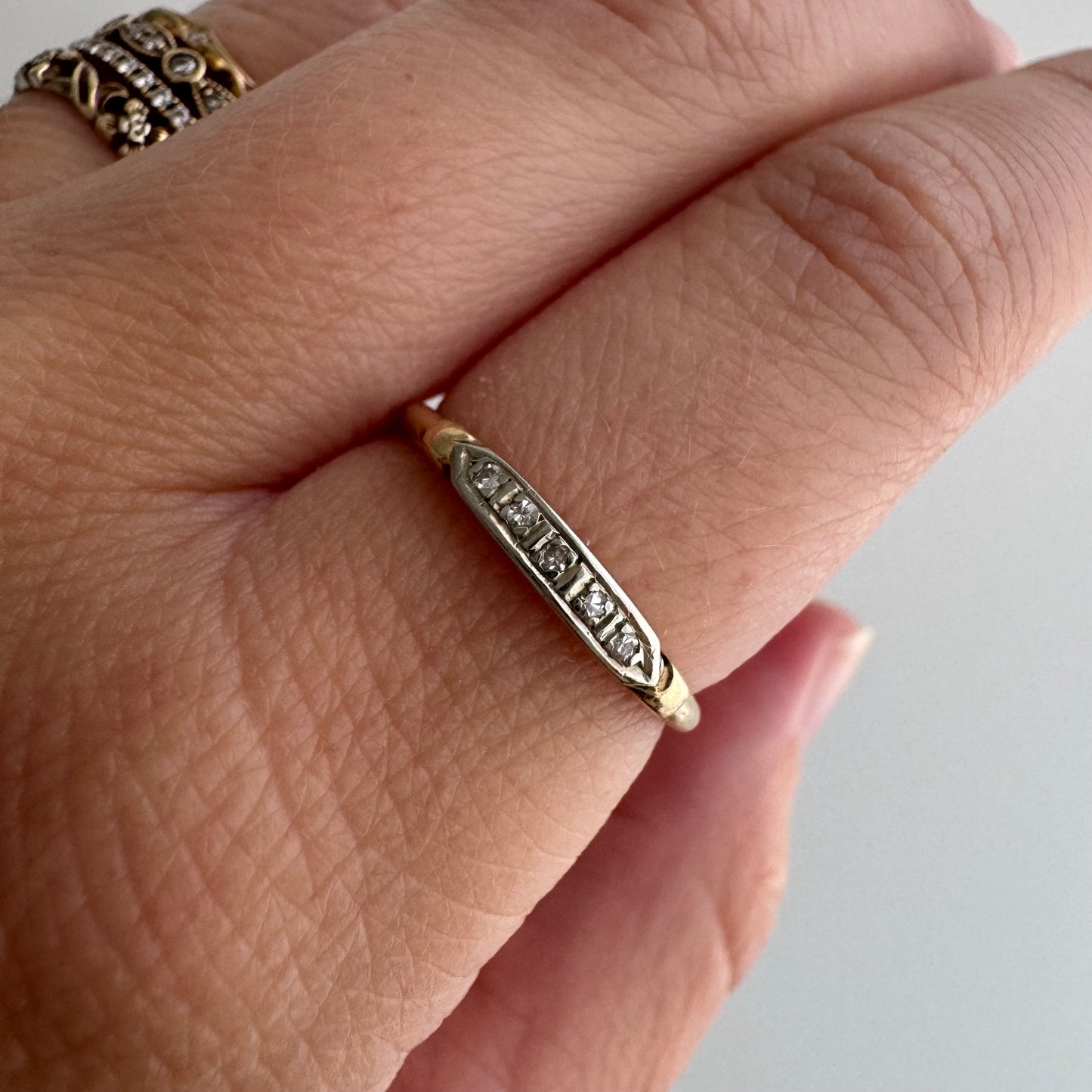 A N T I Q U E // five in a row / 14k yellow and white gold late art deco five stone boat band / size 6+