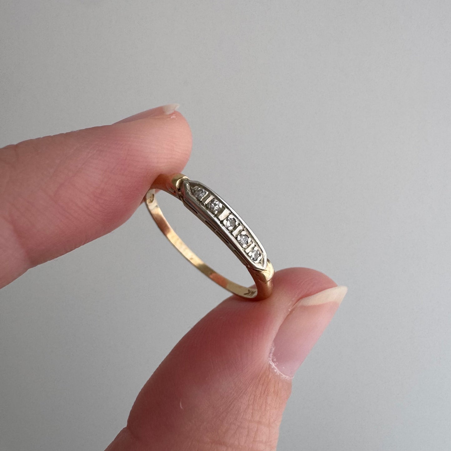 A N T I Q U E // five in a row / 14k yellow and white gold late art deco five stone boat band / size 6+