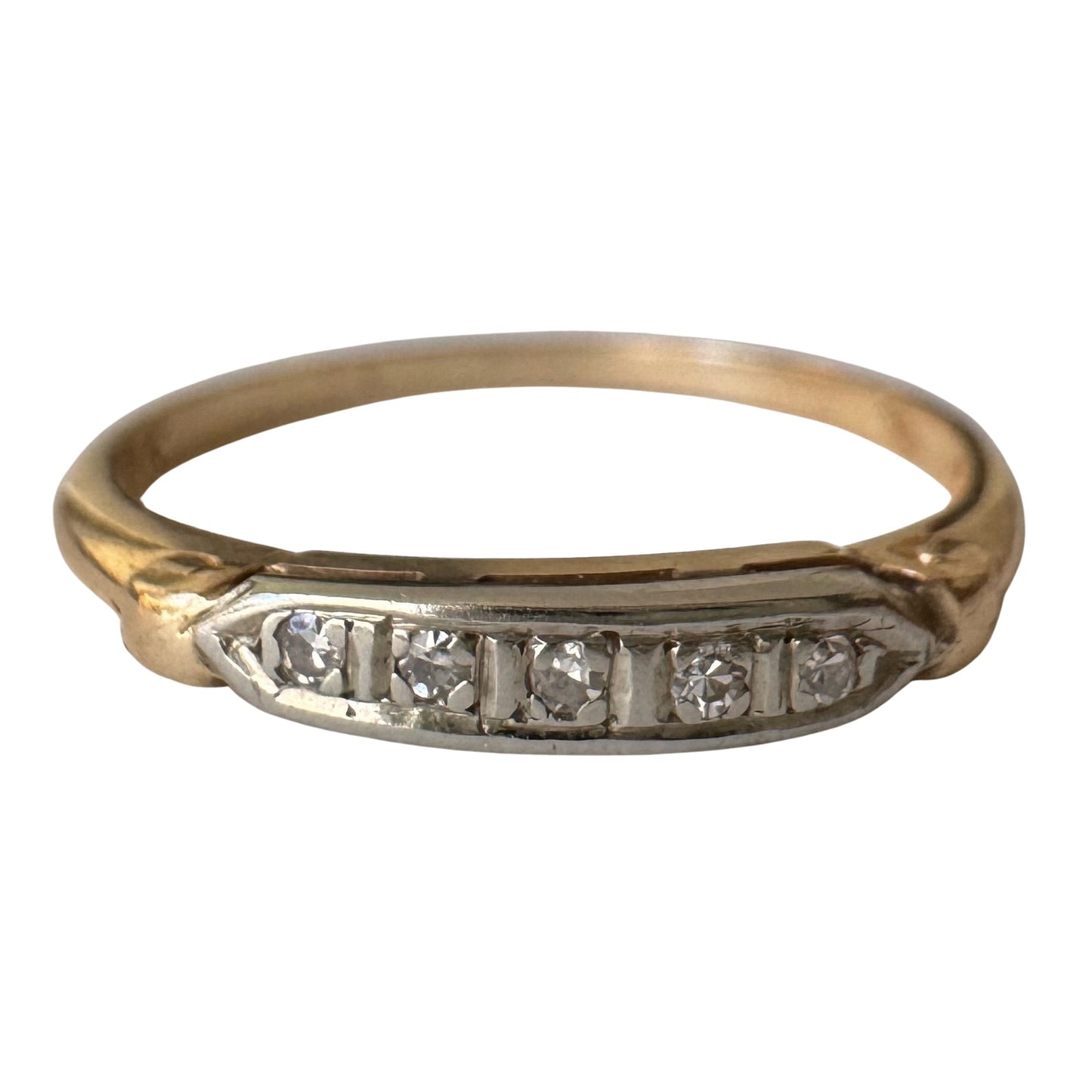 A N T I Q U E // five in a row / 14k yellow and white gold late art deco five stone boat band / size 6+