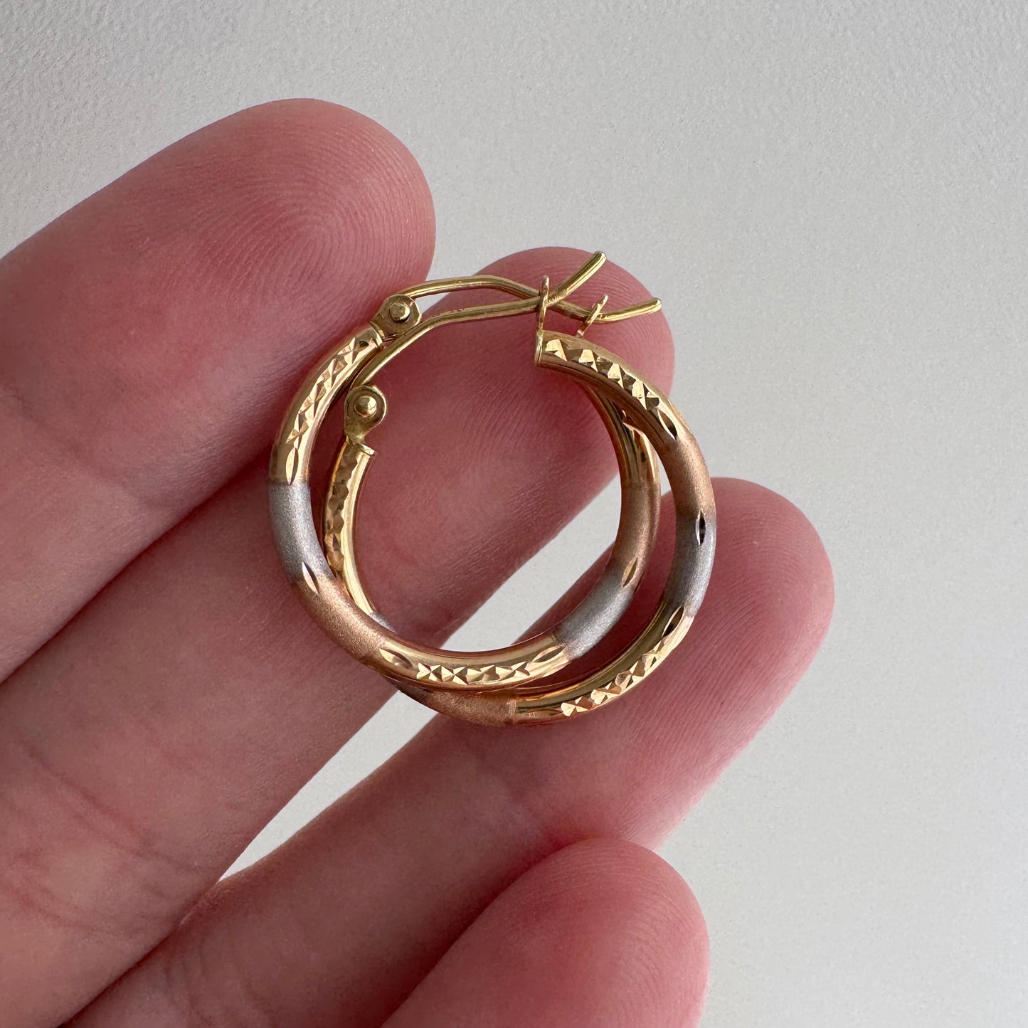 P R E - L O V E D // neapolitan hoops / 14k tricolor gold diamond cut round hoops / earrings