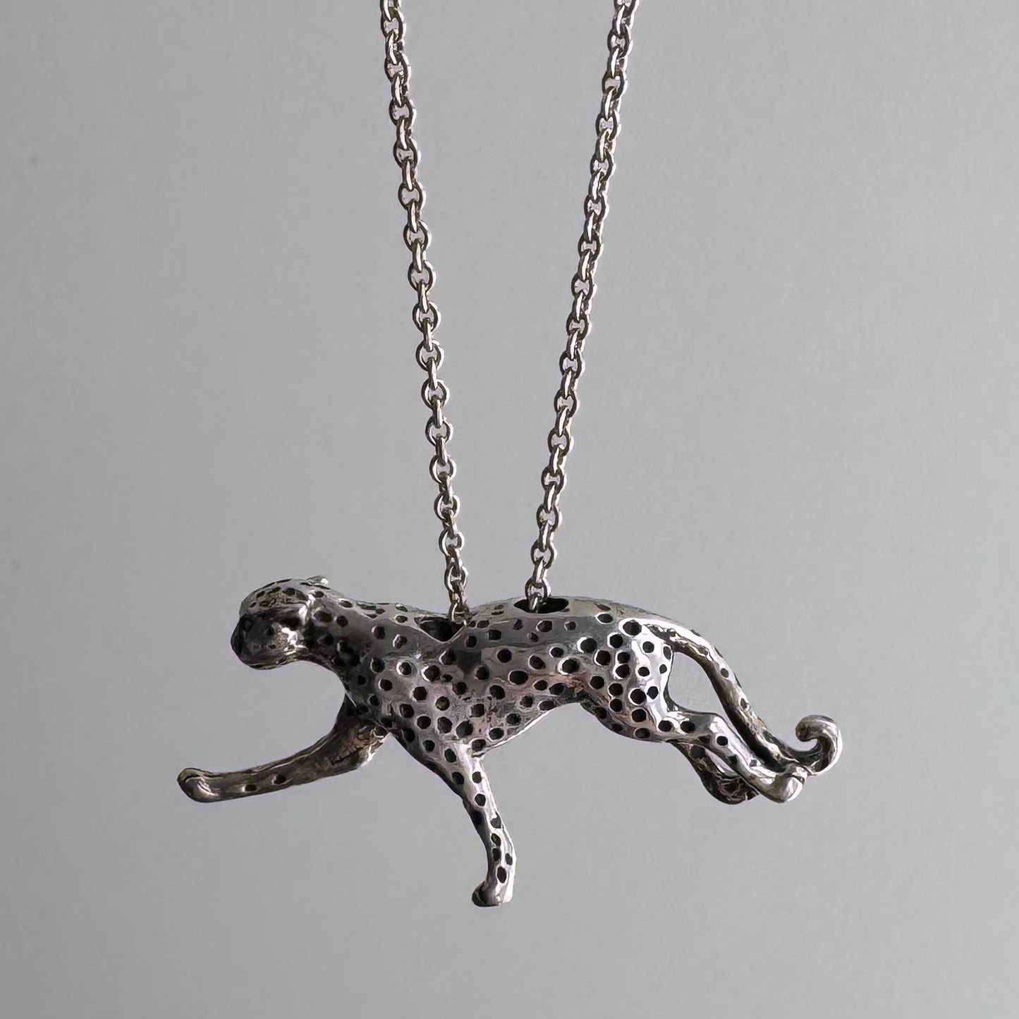 E S T A T E // a leopard can change her spots / sterling silver 3D leopard pendant and cable chain / a necklace