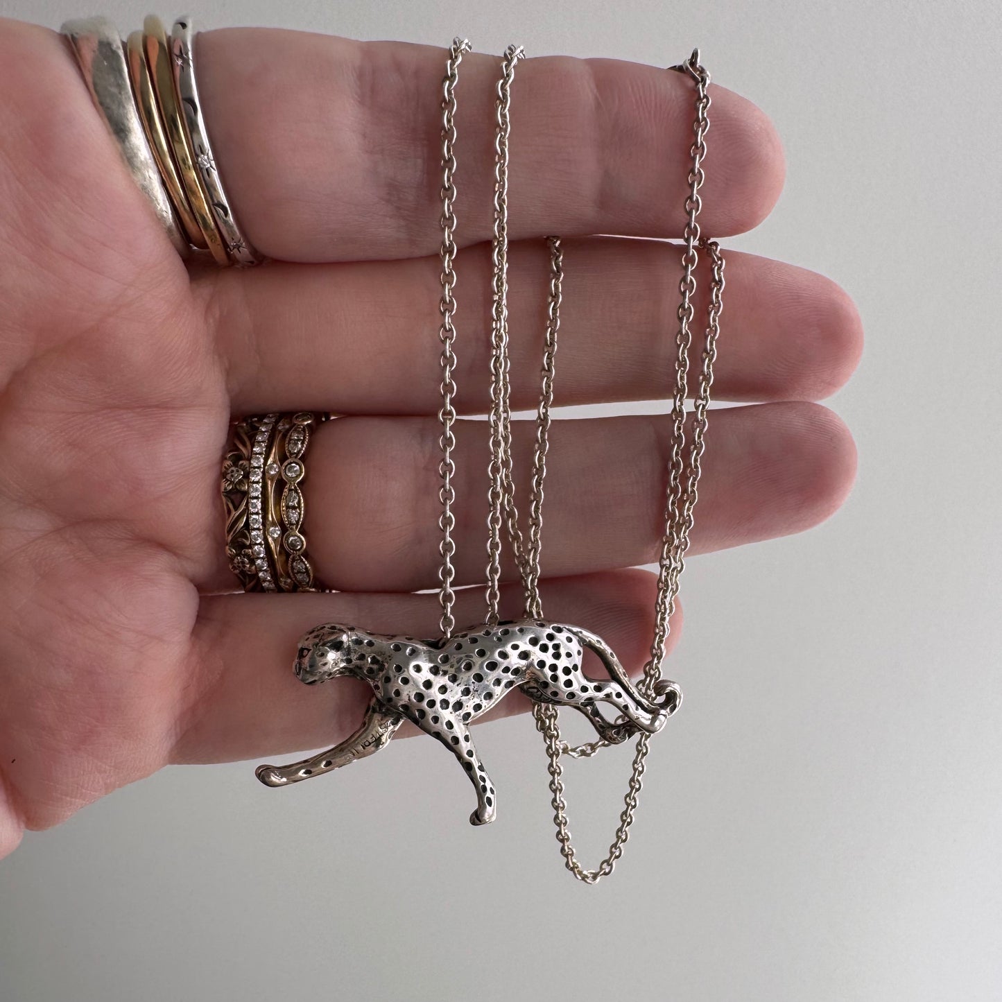 E S T A T E // a leopard can change her spots / sterling silver 3D leopard pendant and cable chain / a necklace