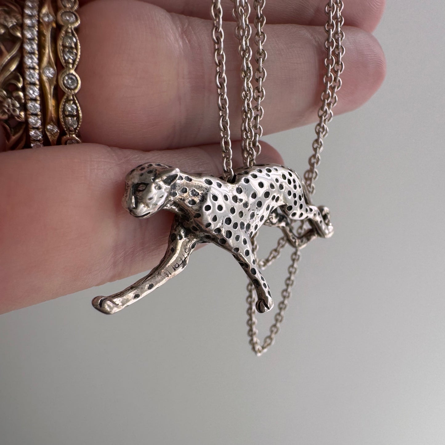 E S T A T E // a leopard can change her spots / sterling silver 3D leopard pendant and cable chain / a necklace