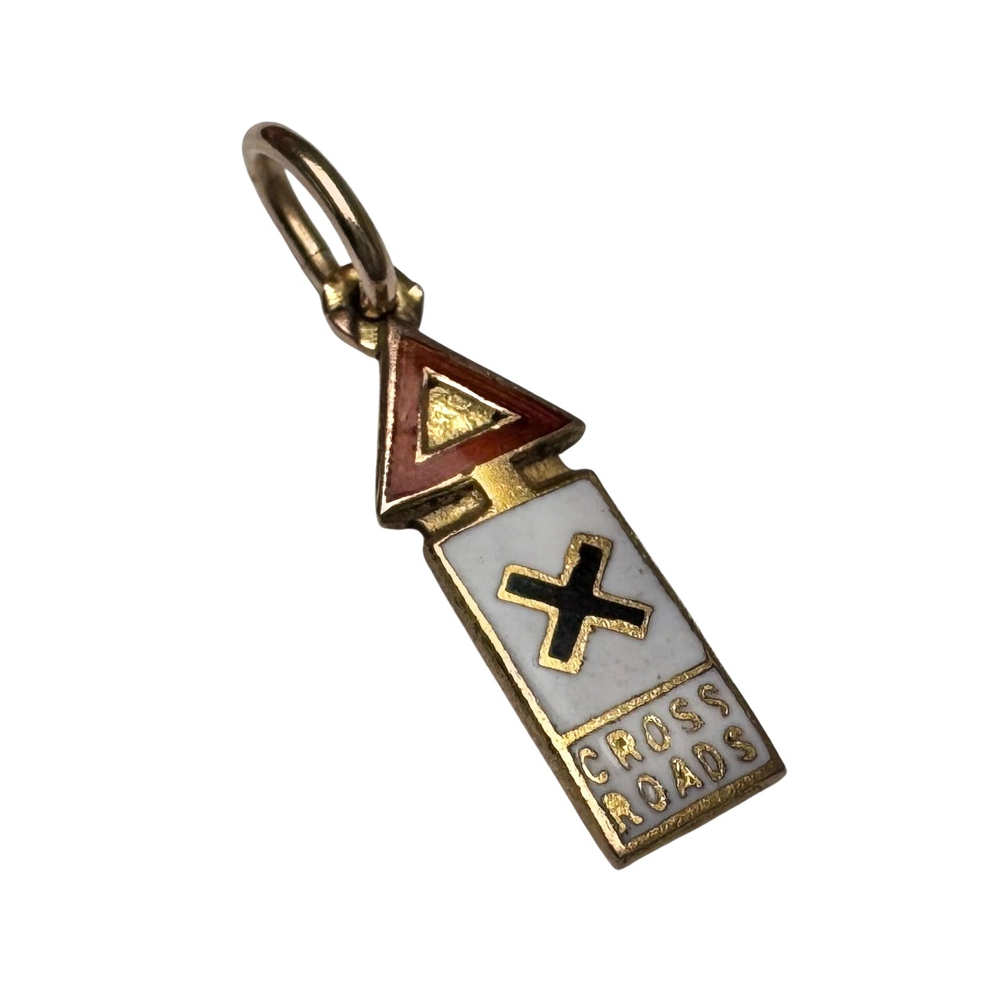 V I N T A G E // at a crossroads / 9k and enamel crossroads sign / a charm or pendant