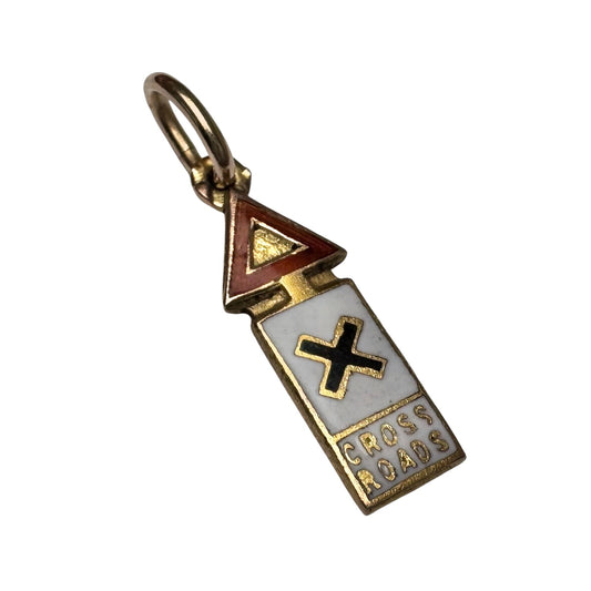 V I N T A G E // at a crossroads / 9k and enamel crossroads sign / a charm or pendant
