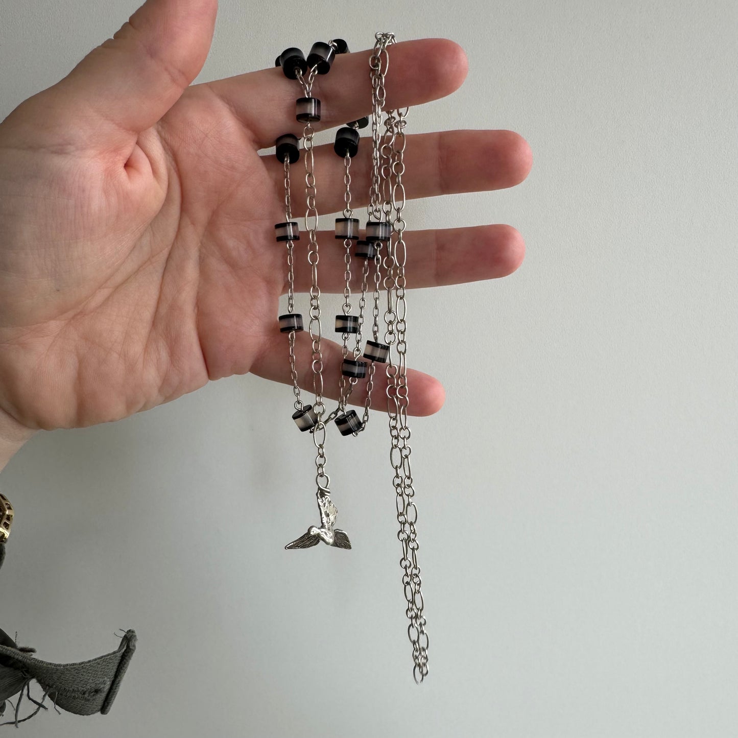 reimagined V I N T A G E // peace prayers / sterling silver and glass rosary style long chain / a necklace