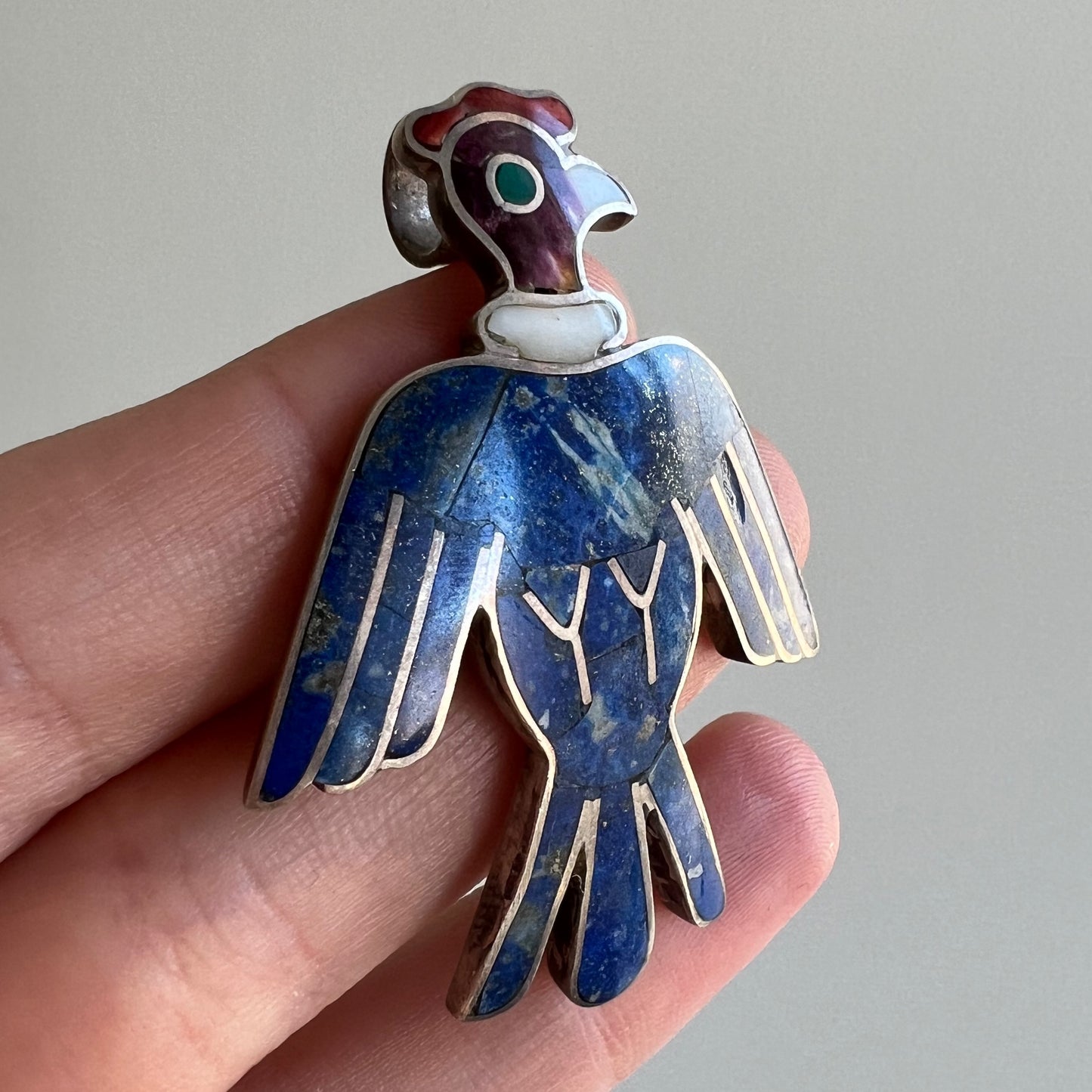 V I N T A G E // collared bird / sterling silver Zuni style inlay lapis lazuli bird / a large pendant