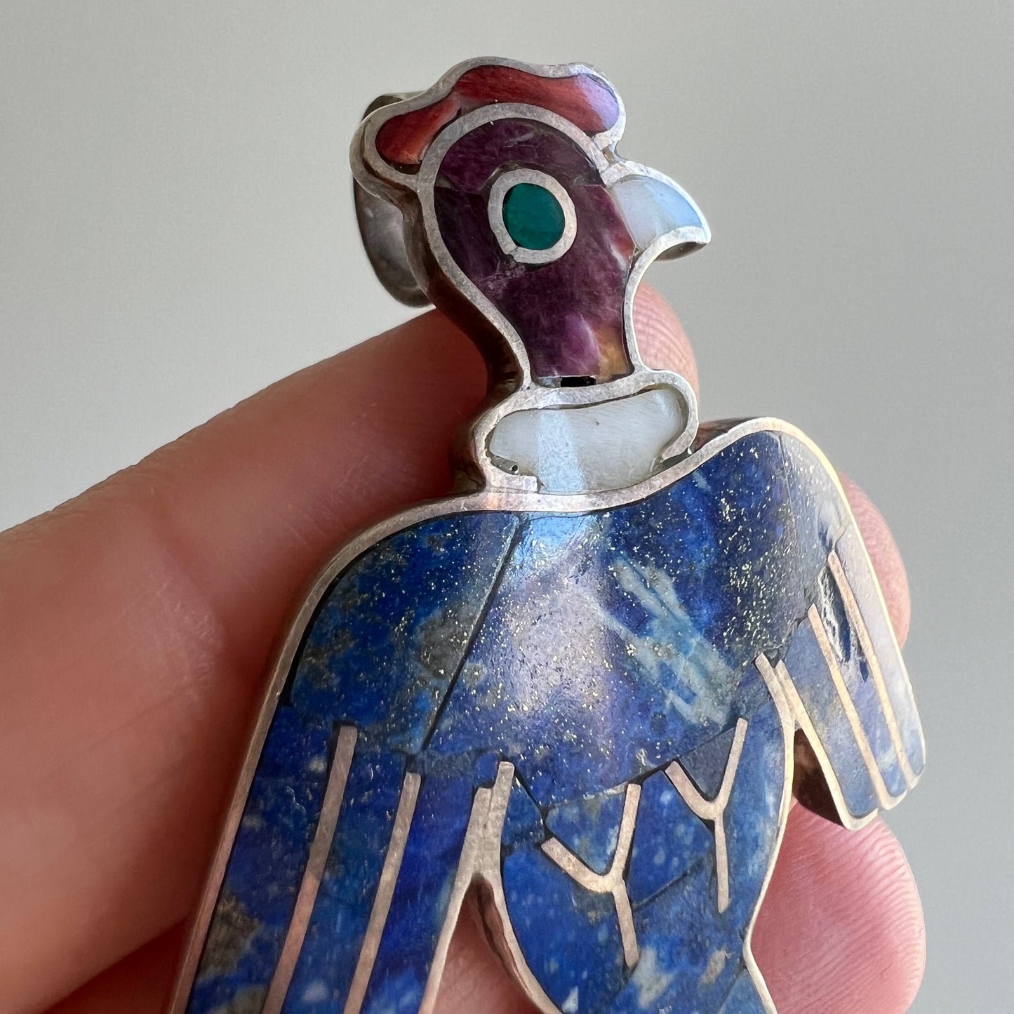 V I N T A G E // collared bird / sterling silver Zuni style inlay lapis lazuli bird / a large pendant