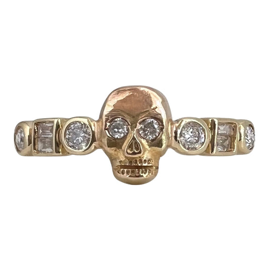 reimagined V I N T A G E // sparkle spooky / solid 14k yellow gold and diamond fraternal skull pin conversion ring / size 5.5