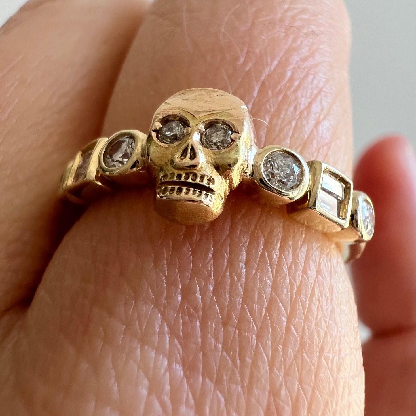 reimagined V I N T A G E // sparkle spooky / solid 14k yellow gold and diamond fraternal skull pin conversion ring / size 5.5
