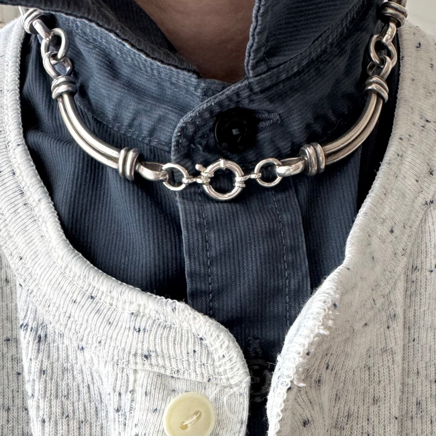 reimagined V I N T A G E // modern day watch chain / re-worked sterling silver curved bar link chain / ~16.5", 86.9g