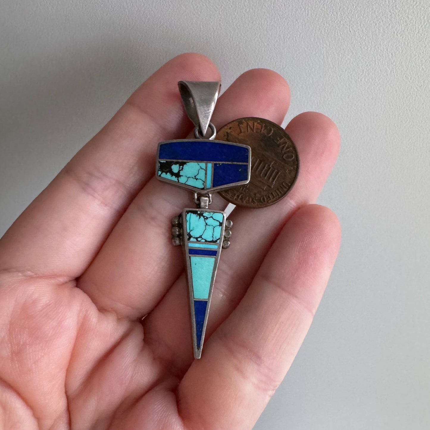 V I N T A G E // solved puzzle / sterling silver geometric inlay pendant with lapis and turquoise