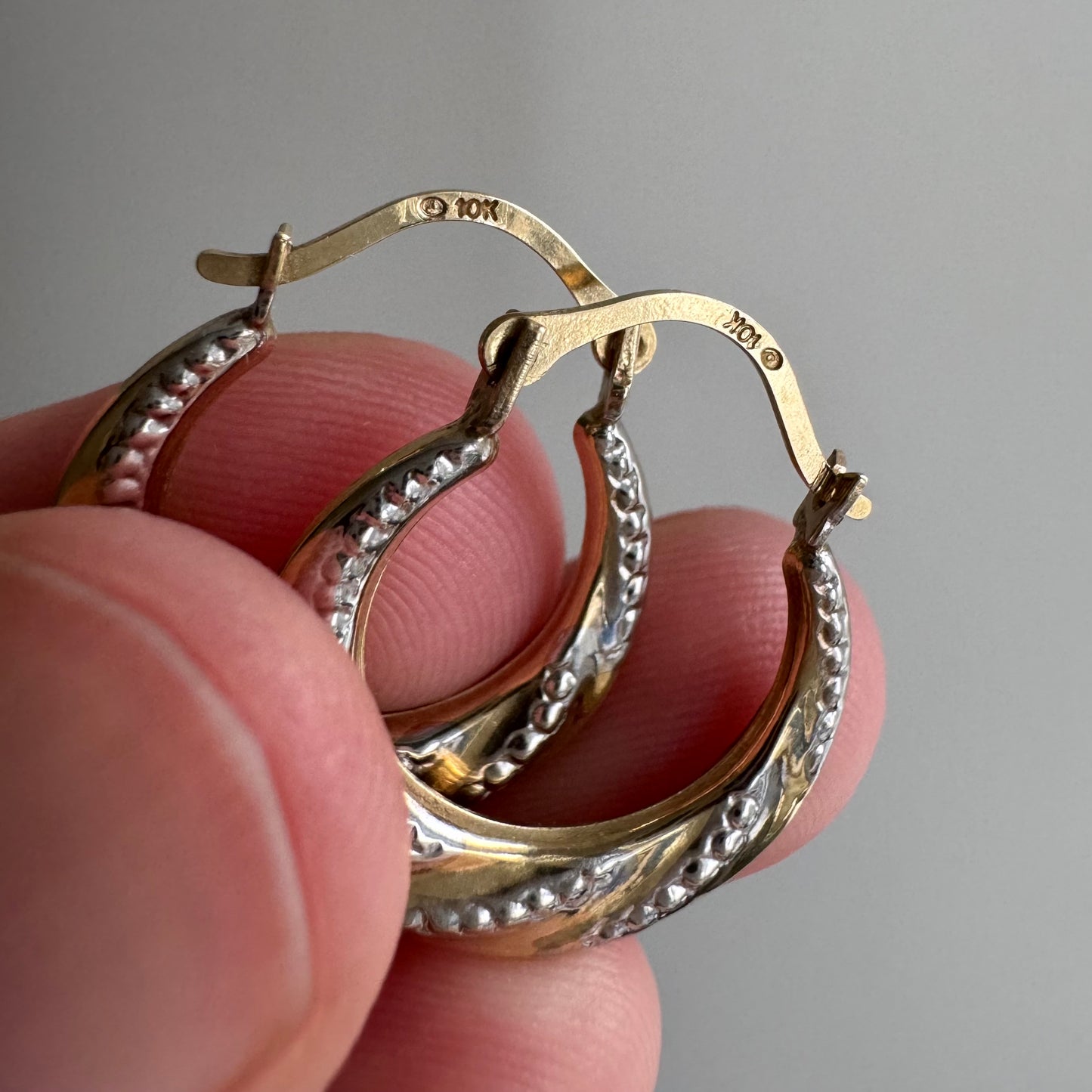 P R E - L O V E D // everyday hoops / 10k yellow and white gold hoops / ~3/4"