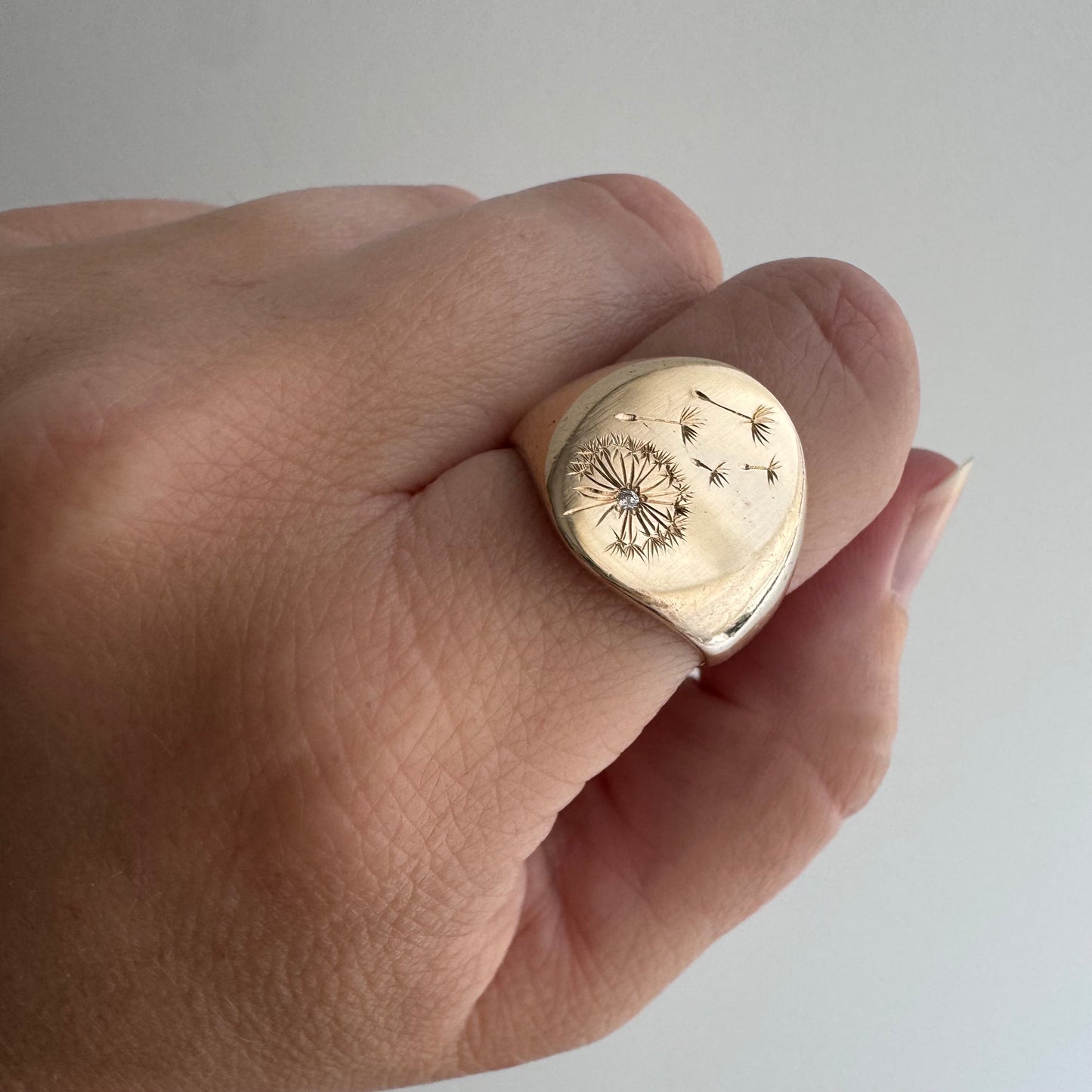 reimagined V I N T A G E // letting go / 10k gold signet with newly engraved dandelion and diamond / size 6.5