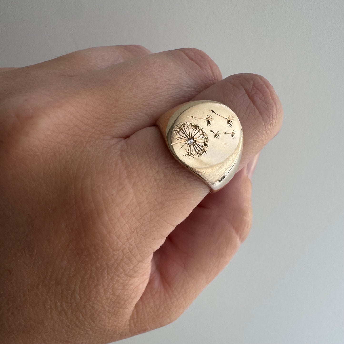 reimagined V I N T A G E // letting go / 10k gold signet with newly engraved dandelion and diamond / size 6.5