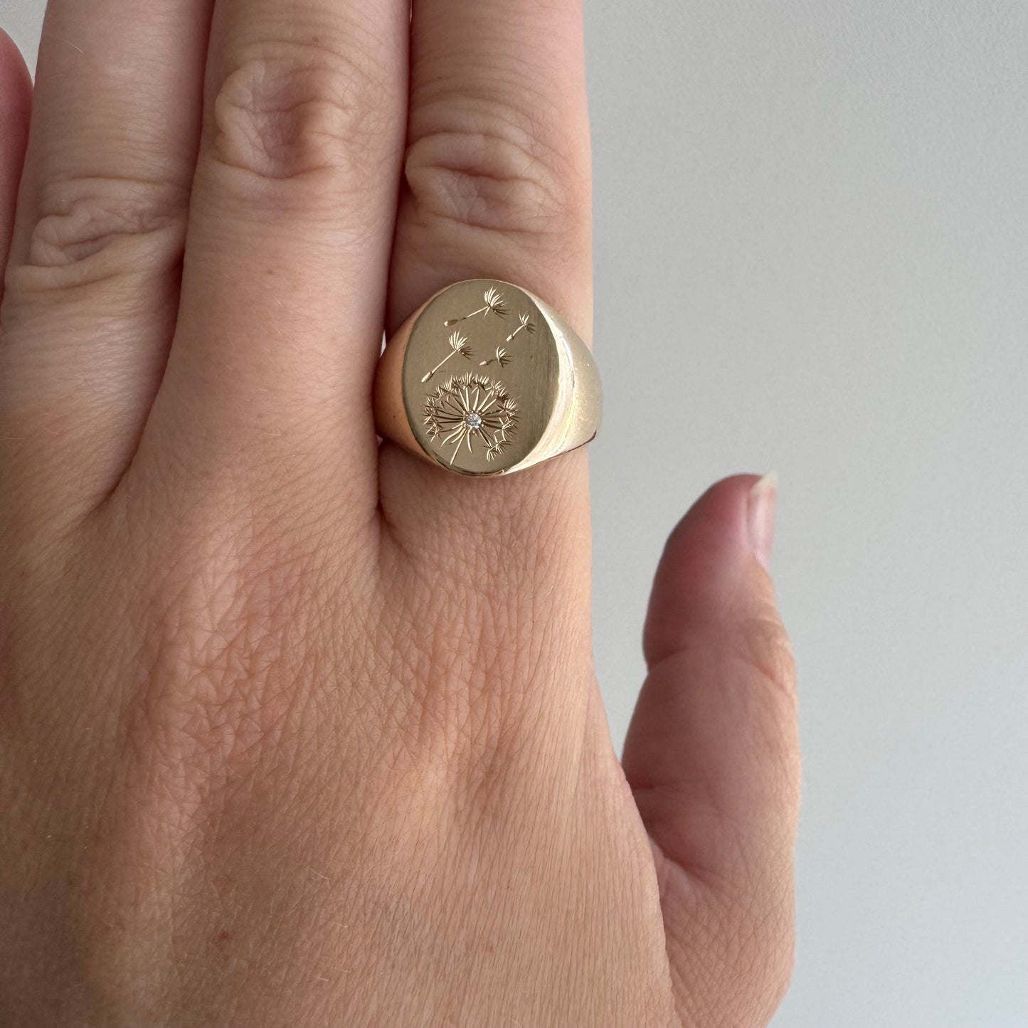 reimagined V I N T A G E // letting go / 10k gold signet with newly engraved dandelion and diamond / size 6.5