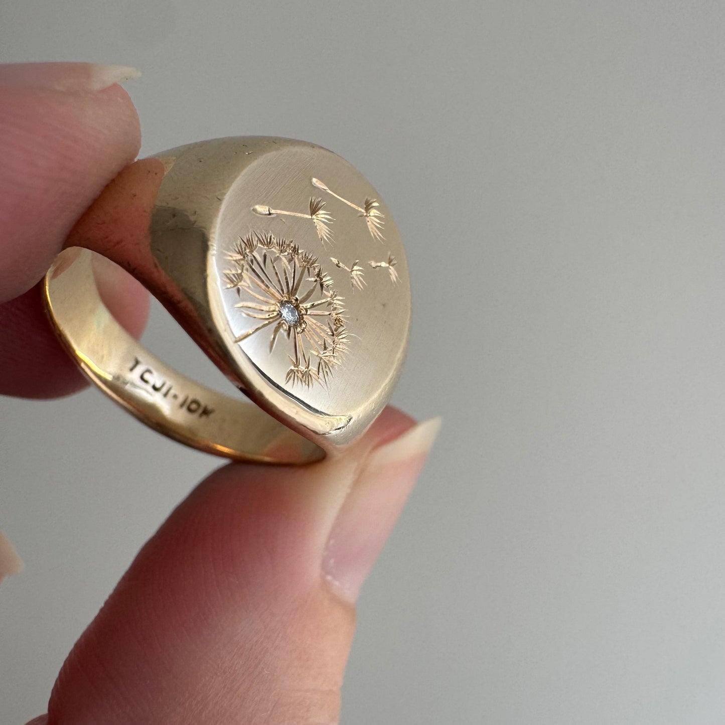 reimagined V I N T A G E // letting go / 10k gold signet with newly engraved dandelion and diamond / size 6.5