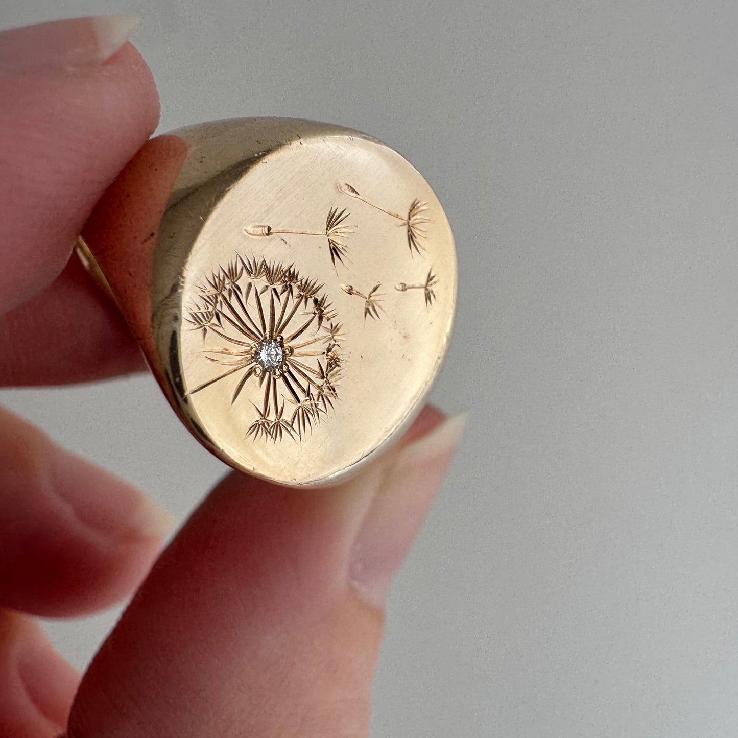 reimagined V I N T A G E // letting go / 10k gold signet with newly engraved dandelion and diamond / size 6.5