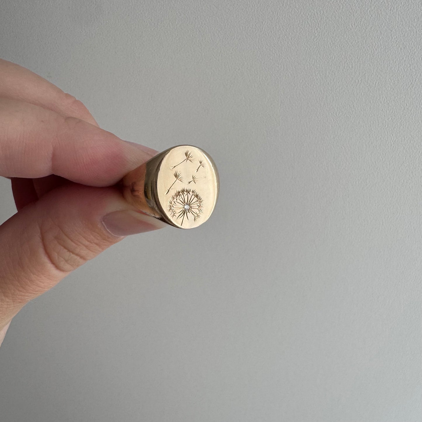 reimagined V I N T A G E // letting go / 10k gold signet with newly engraved dandelion and diamond / size 6.5