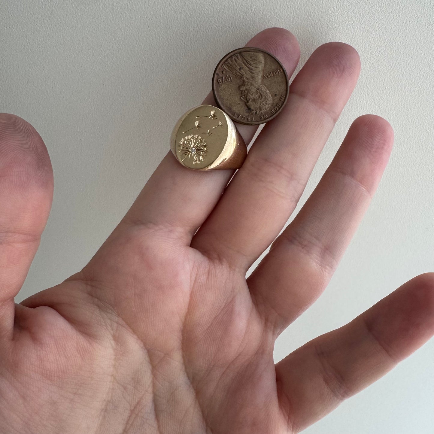 reimagined V I N T A G E // letting go / 10k gold signet with newly engraved dandelion and diamond / size 6.5