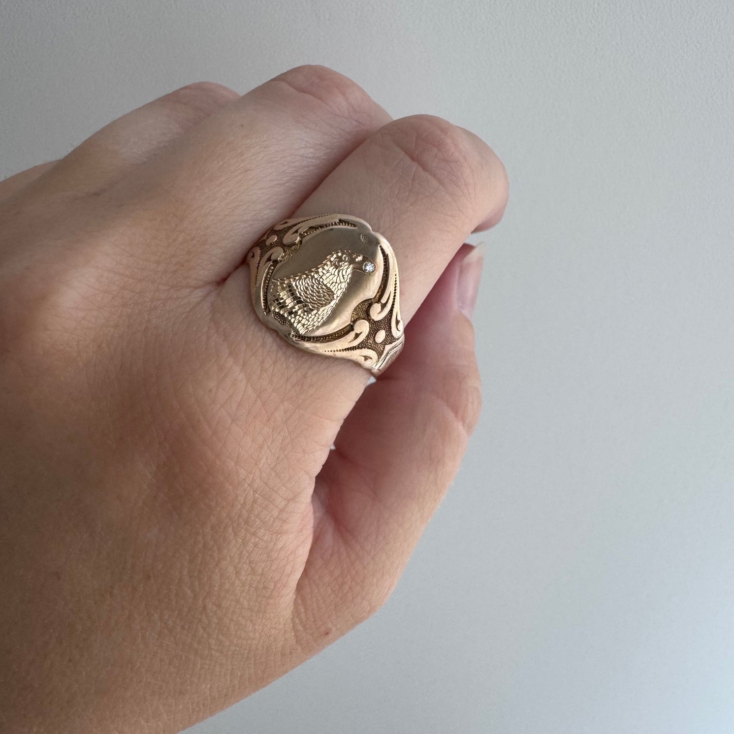 reimagined A N T I Q U E // treasure seeker / 10k rosy gold OB signet with new crow engraving / size 9.5