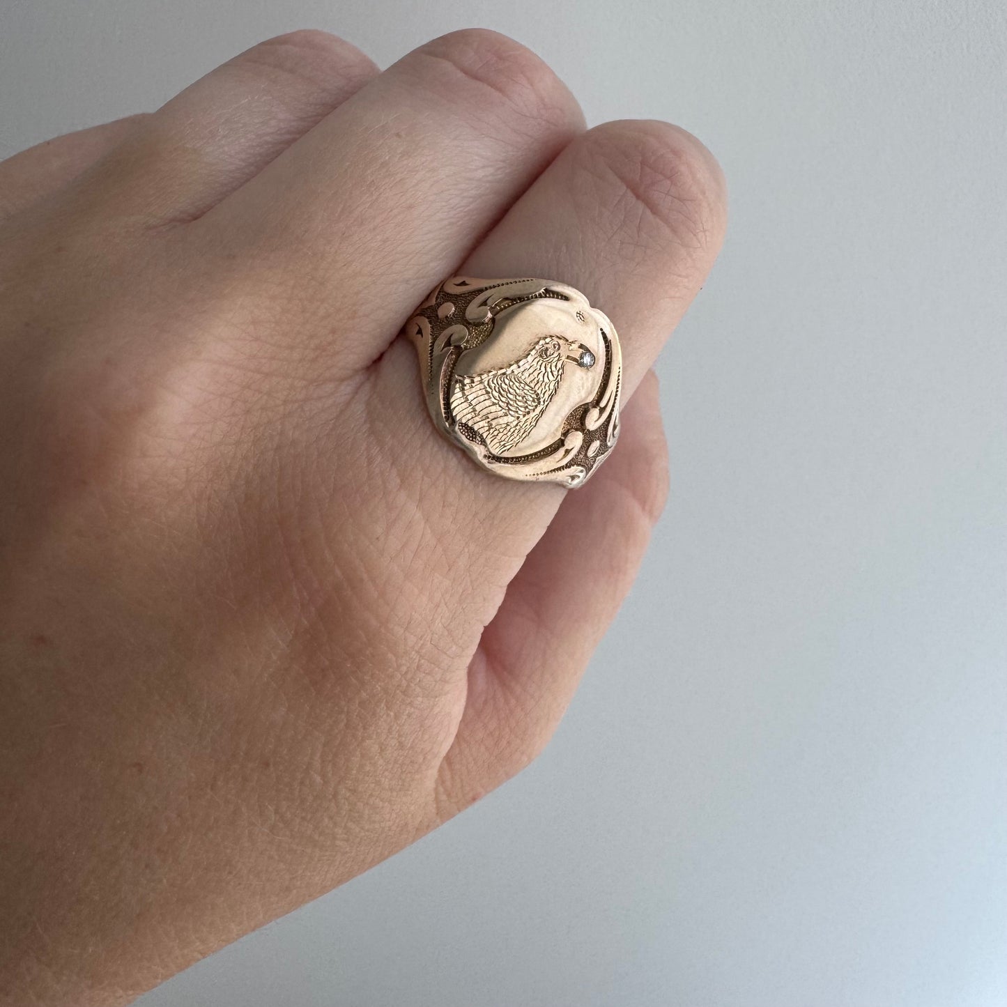 reimagined A N T I Q U E // treasure seeker / 10k rosy gold OB signet with new crow engraving / size 9.5