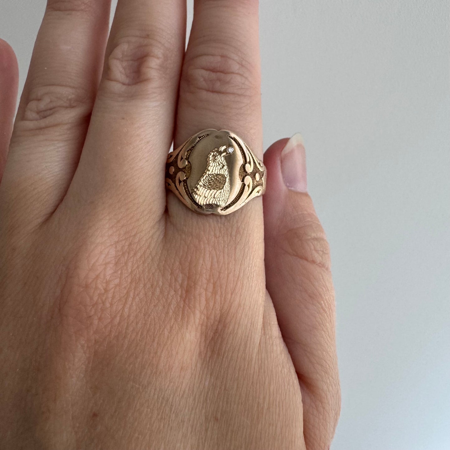 reimagined A N T I Q U E // treasure seeker / 10k rosy gold OB signet with new crow engraving / size 9.5