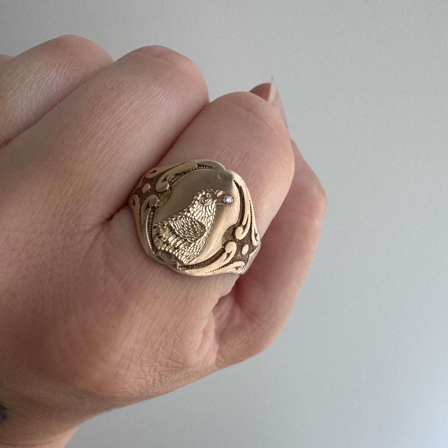 reimagined A N T I Q U E // treasure seeker / 10k rosy gold OB signet with new crow engraving / size 9.5