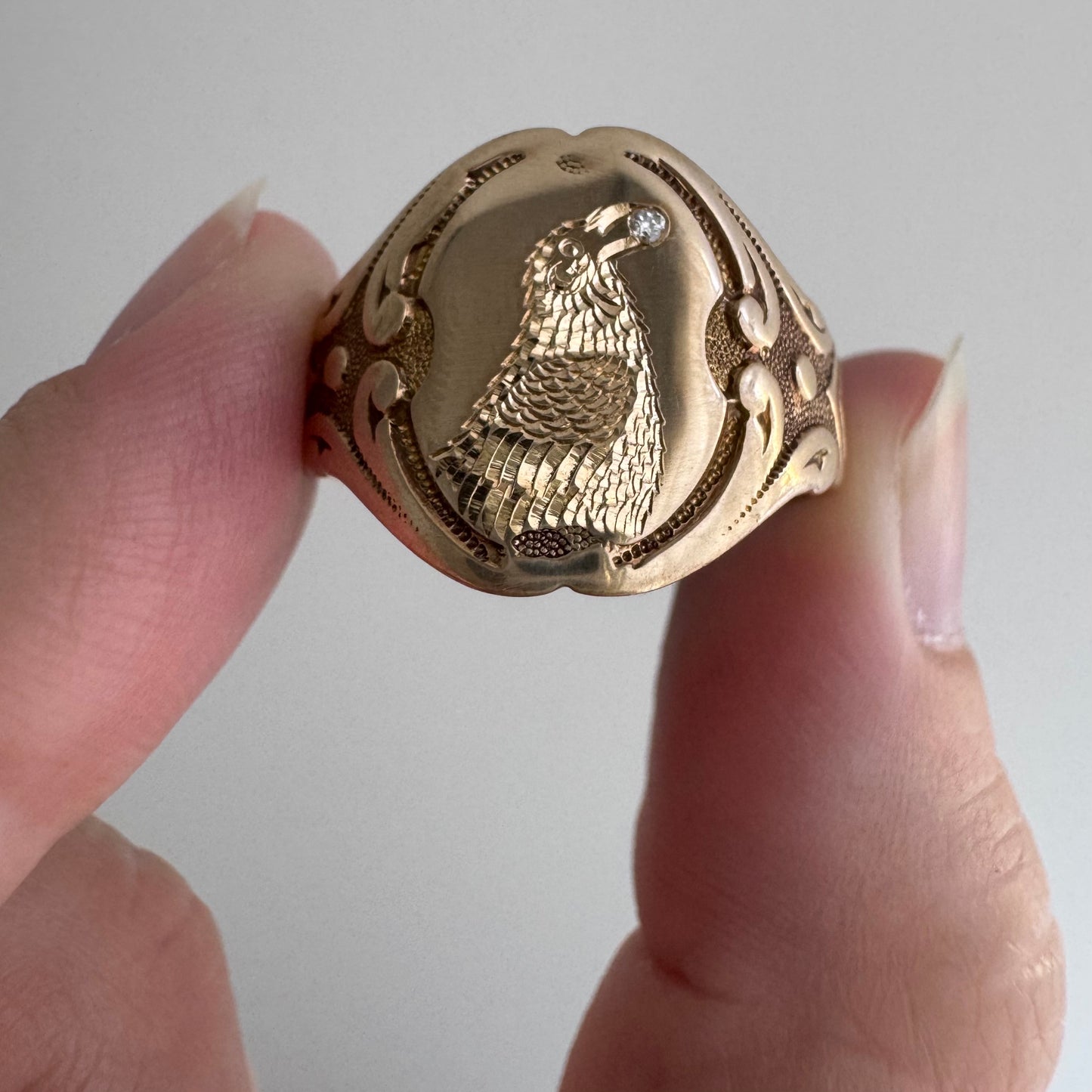 reimagined A N T I Q U E // treasure seeker / 10k rosy gold OB signet with new crow engraving / size 9.5