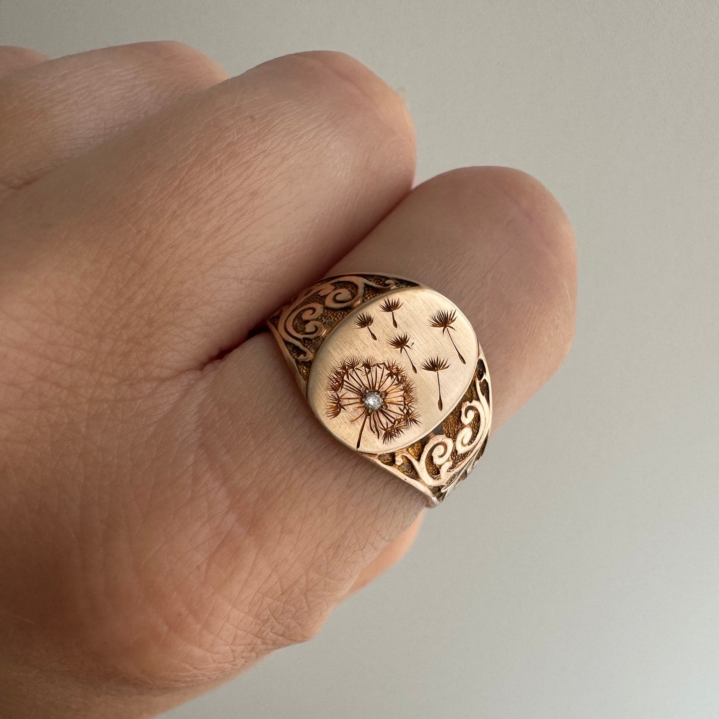 reimagined A N T I Q U E // letting go / 10k rosy gold signet with newly engraved dandelion and diamond / size 8