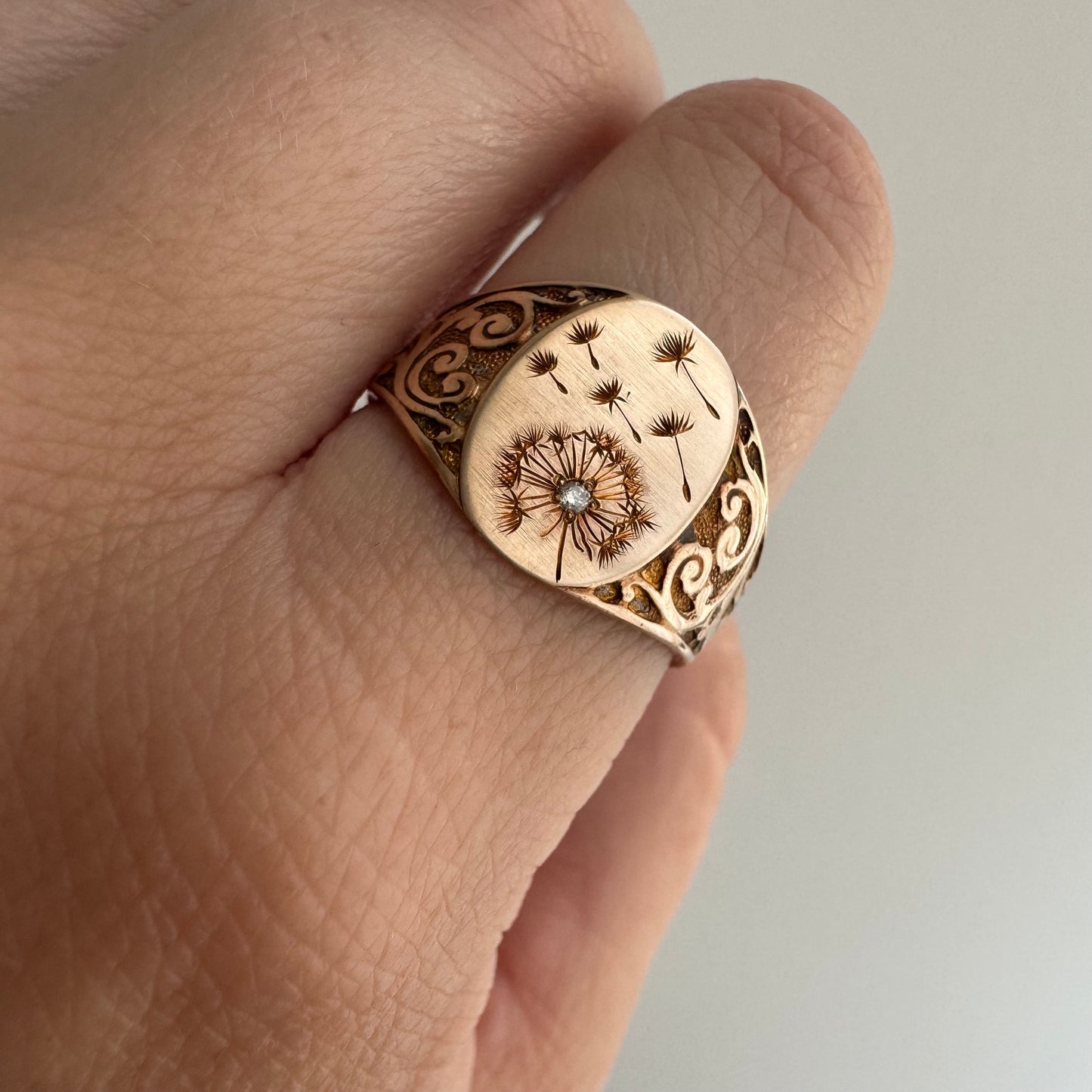 reimagined A N T I Q U E // letting go / 10k rosy gold signet with newly engraved dandelion and diamond / size 8