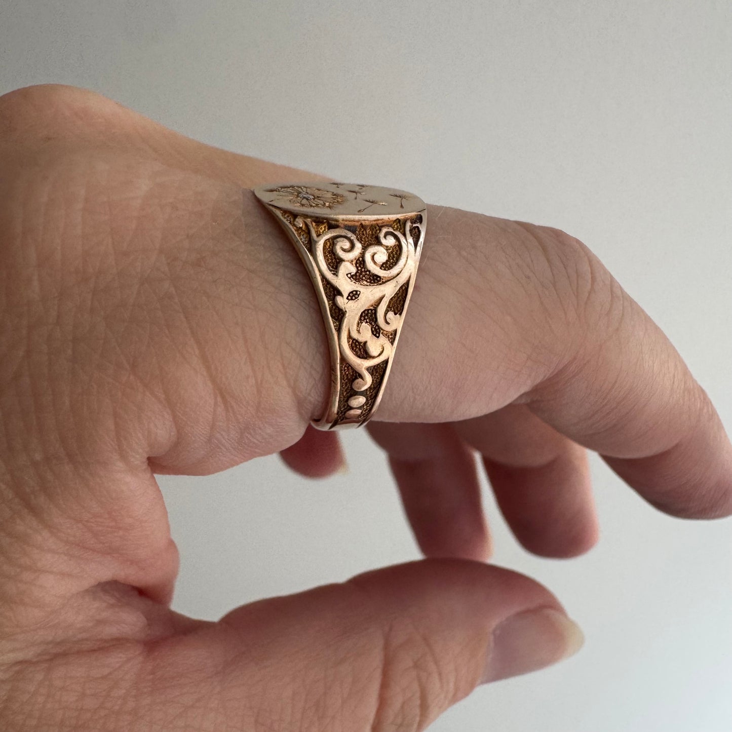 reimagined A N T I Q U E // letting go / 10k rosy gold signet with newly engraved dandelion and diamond / size 8
