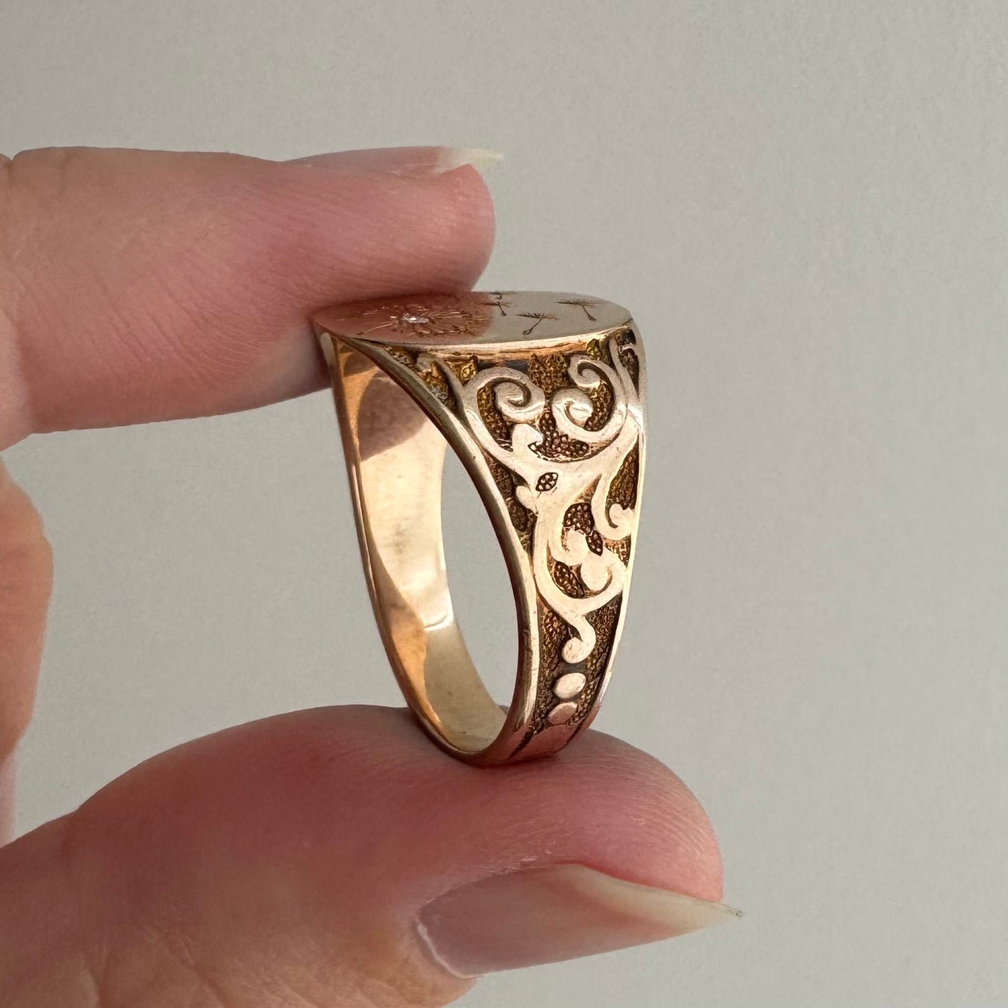 reimagined A N T I Q U E // letting go / 10k rosy gold signet with newly engraved dandelion and diamond / size 8