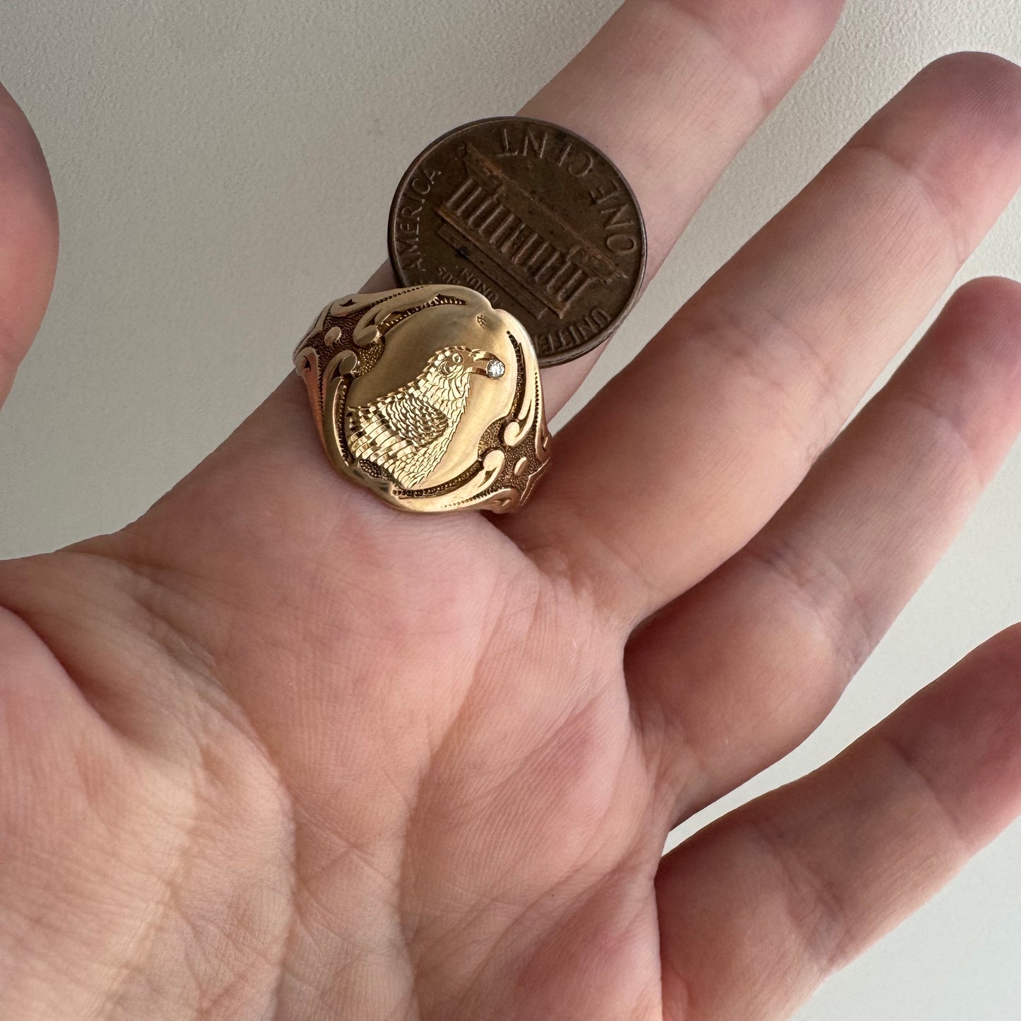 reimagined A N T I Q U E // treasure seeker / 10k rosy gold OB signet with new crow engraving / size 9.5