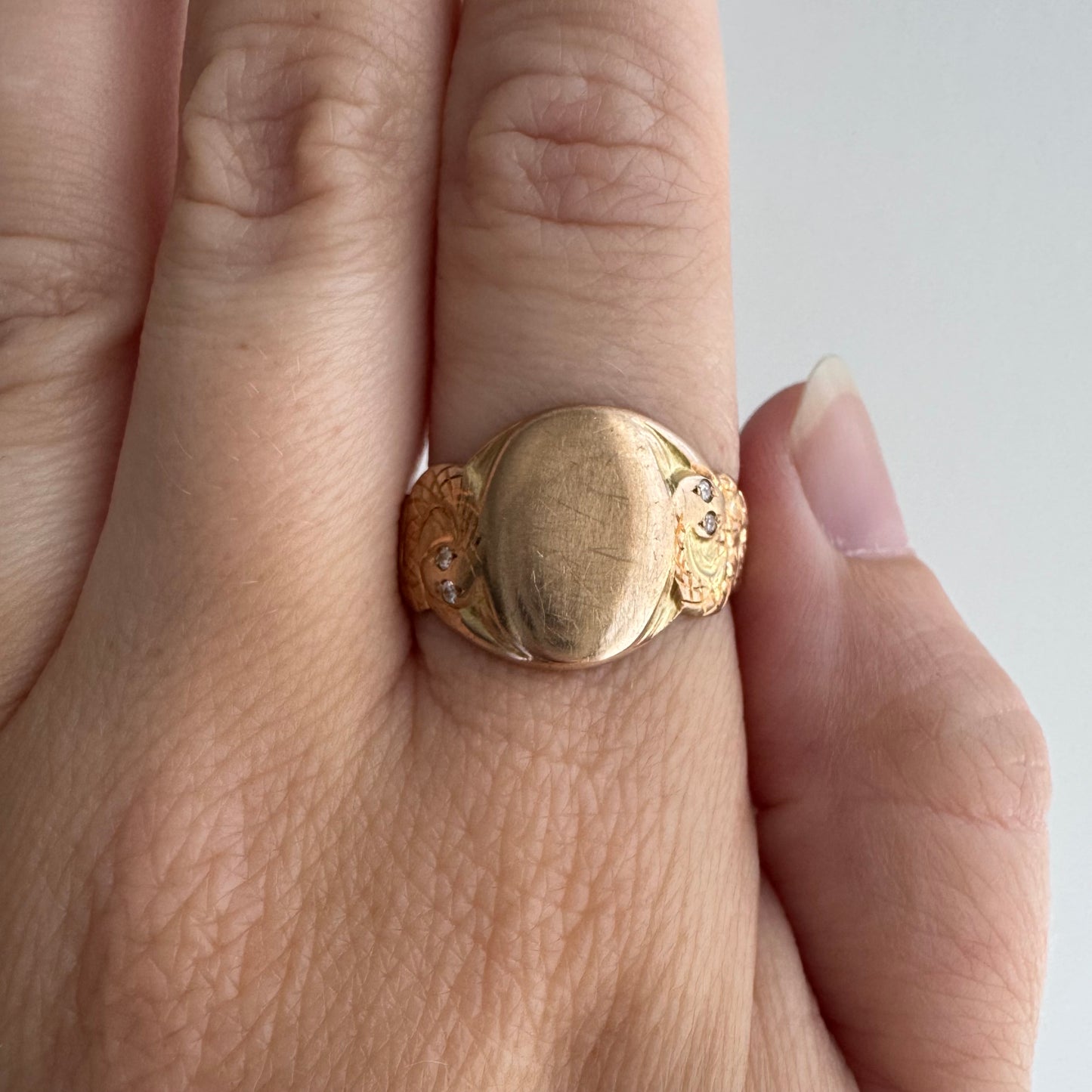 reimagined V I N T A G E // subtle slither / 10k turn of the century blank signet ring with reworked snake shoulders / size 8ish