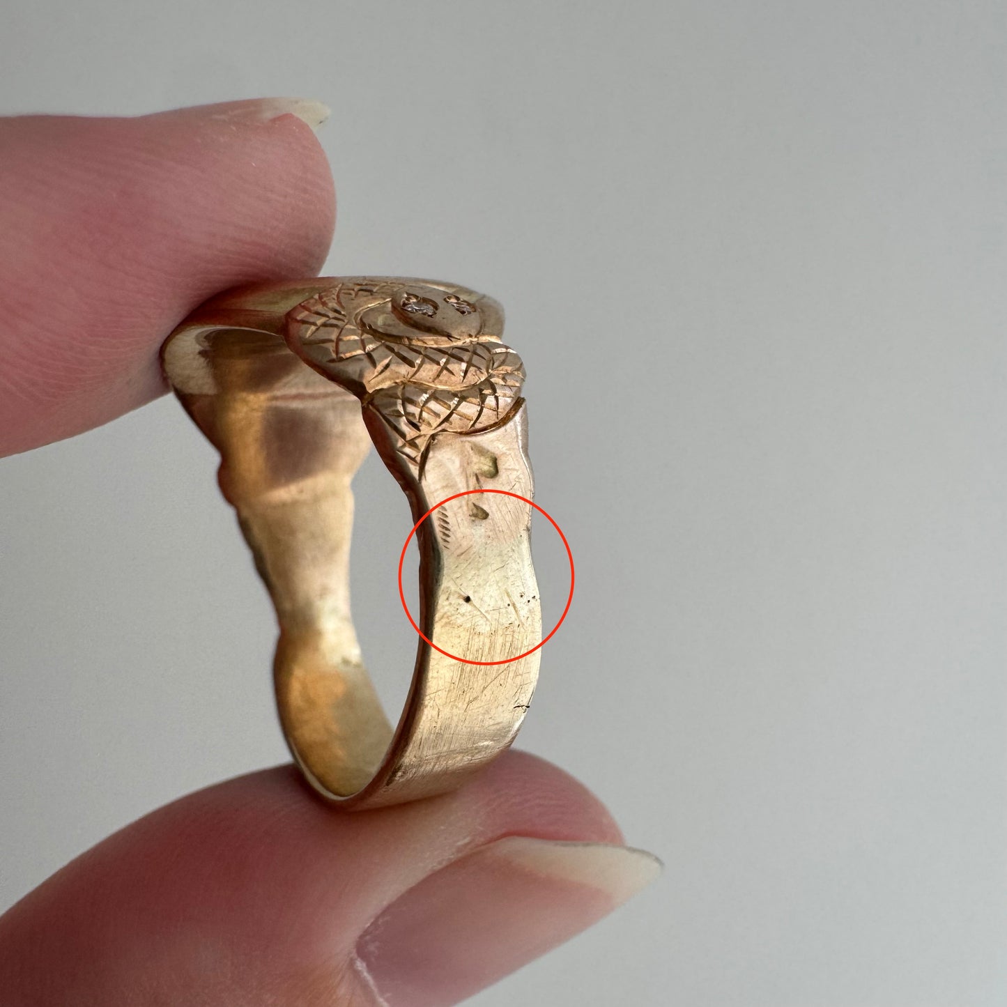 reimagined V I N T A G E // subtle slither / 10k turn of the century blank signet ring with reworked snake shoulders / size 8ish