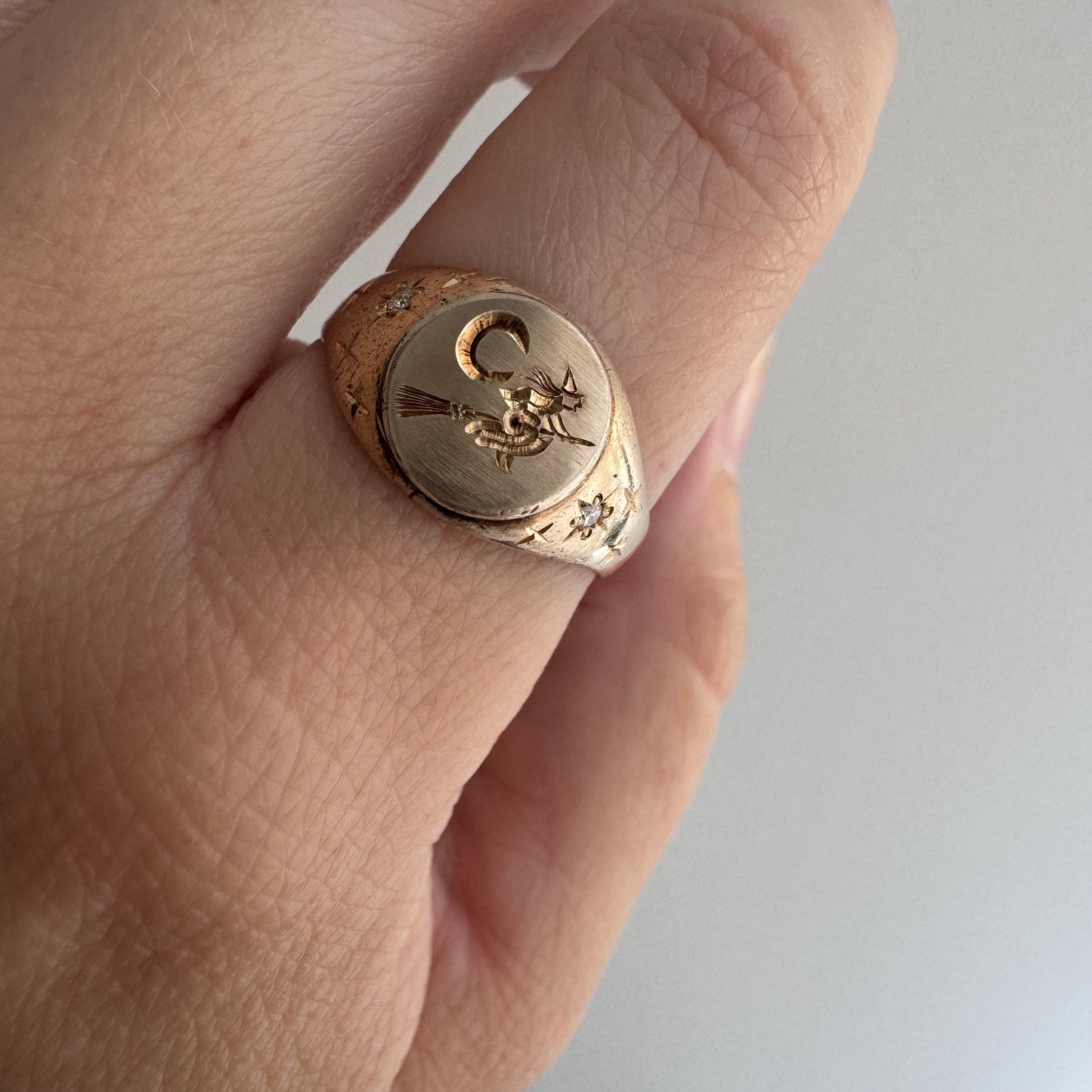 reimagined V I N T A G E // the best witch / 10k yellow gold and diamond witch signet ring / size 7 to 7.5