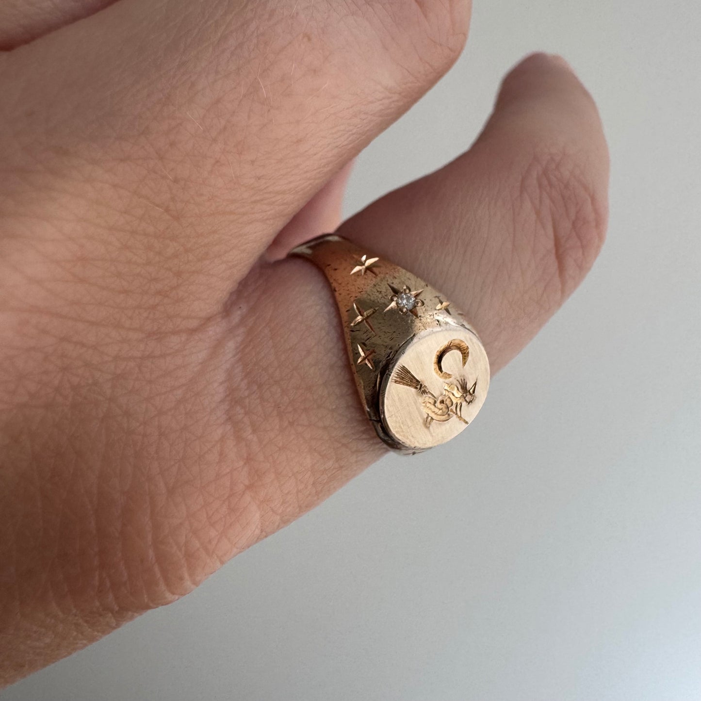 reimagined V I N T A G E // the best witch / 10k yellow gold and diamond witch signet ring / size 7 to 7.5